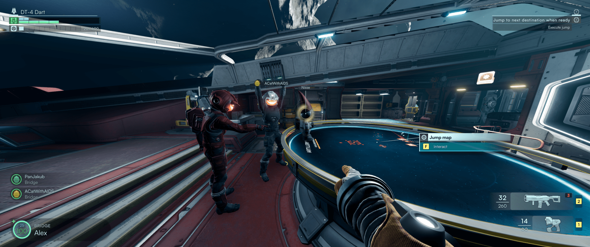 A first-person perspective in a spaceship interior shows a player character holding a futuristic weapon, interacting with a "Jump map" interface. Two other figures in space suits are nearby, one with arms raised in excitement. The interface highlights the "Interact" option, indicating the player can jump to the next destination.
