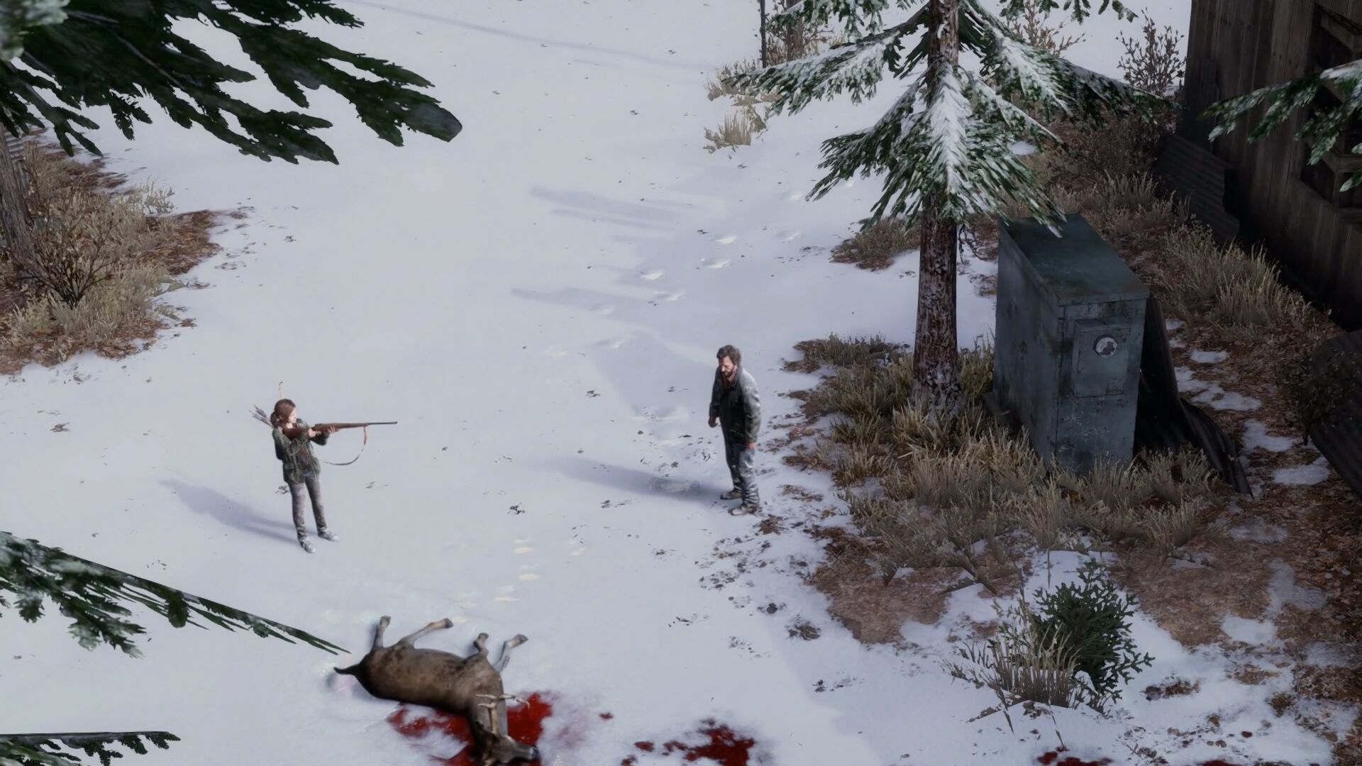 Two figures stand in a snow-covered clearing, one aiming a rifle and the other observing a dead deer lying in the snow with blood around it. A metal structure is to the right. Snow-covered trees are scattered around the scene.