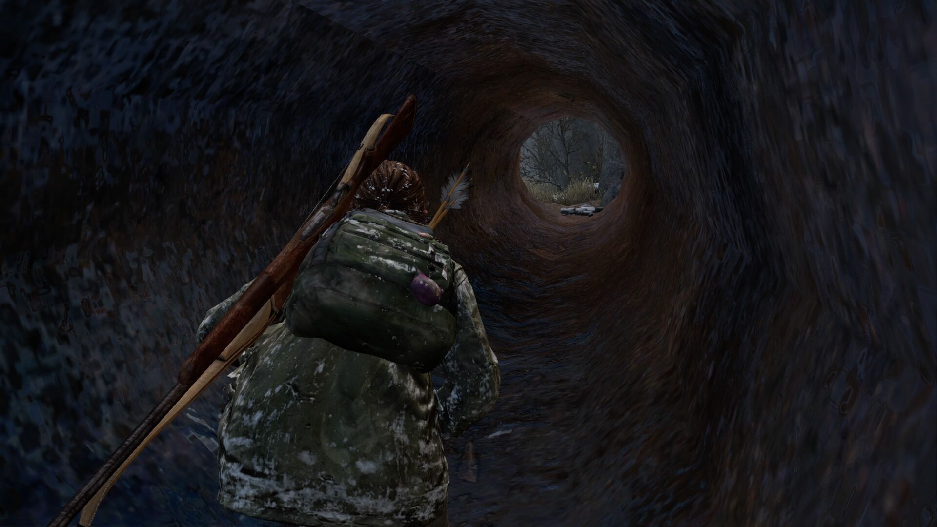 A figure with a camouflage jacket and backpack walks through a dark, tunnel-like passage. A bow and arrows are slung over the figure's shoulder. The tunnel opens to an outdoor scene.