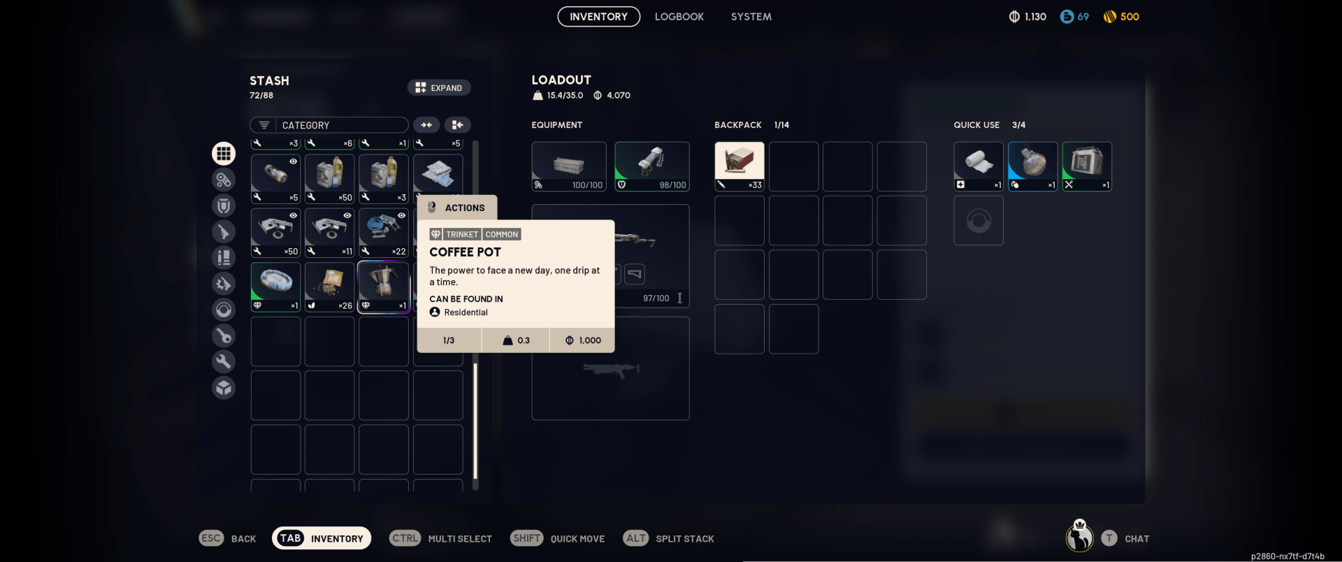 A video game inventory screen displaying an item description for a Coffee Pot, a Trinket-type item. The pop-up states that it "Can be found in Residential", and displays its weight and value. The screen shows the player's Stash, Equipment, Backpack and Quick Use slots.