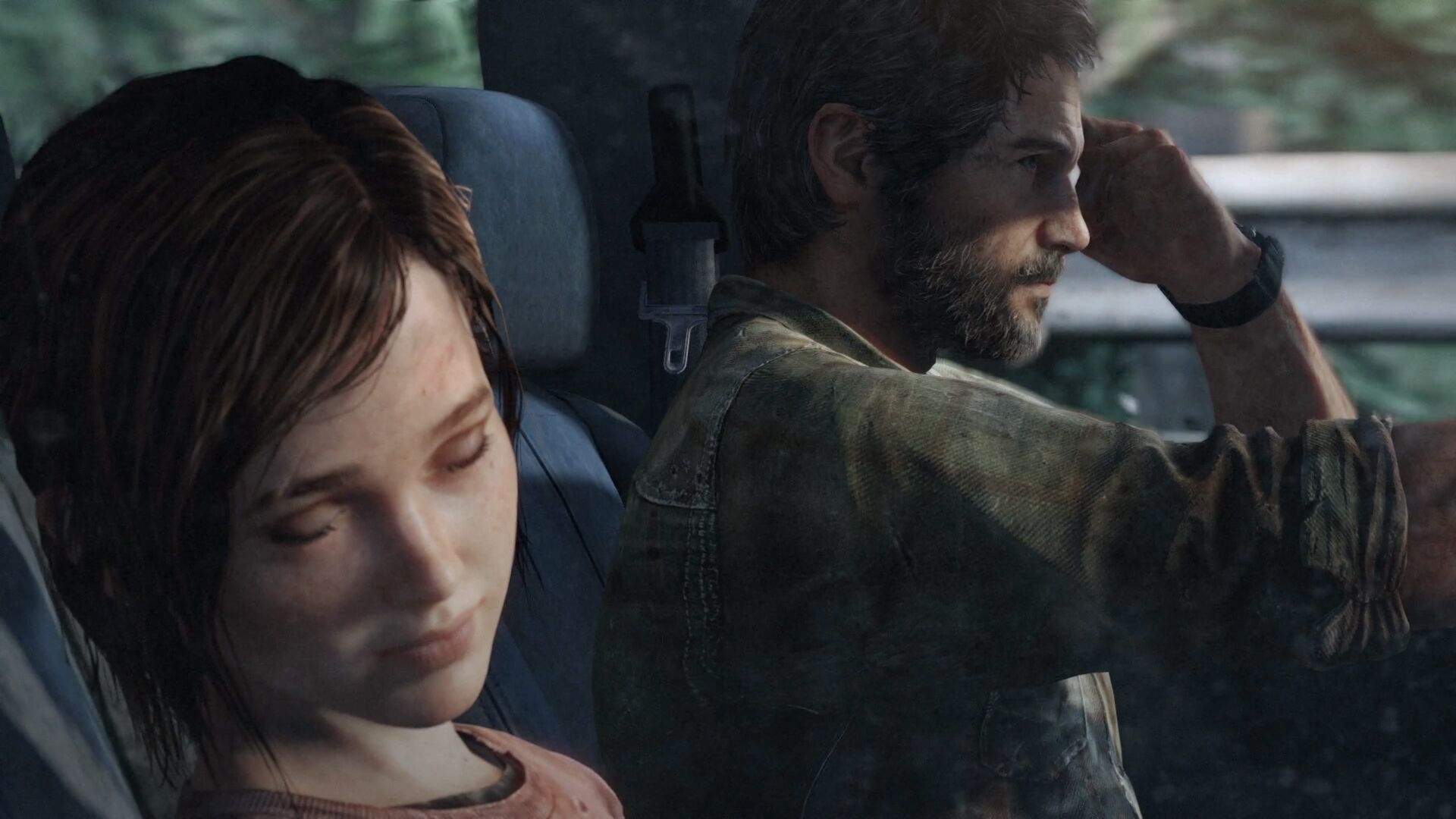 Close-up shot of characters from The Last of Us video game.  Ellie, with brown hair and closed eyes, sits in the passenger seat of a car.  Joel, with a beard, in the driver's seat. They are in a dimly lit car with a blue seat and a seatbelt visible.  Joel's hand is on his head.